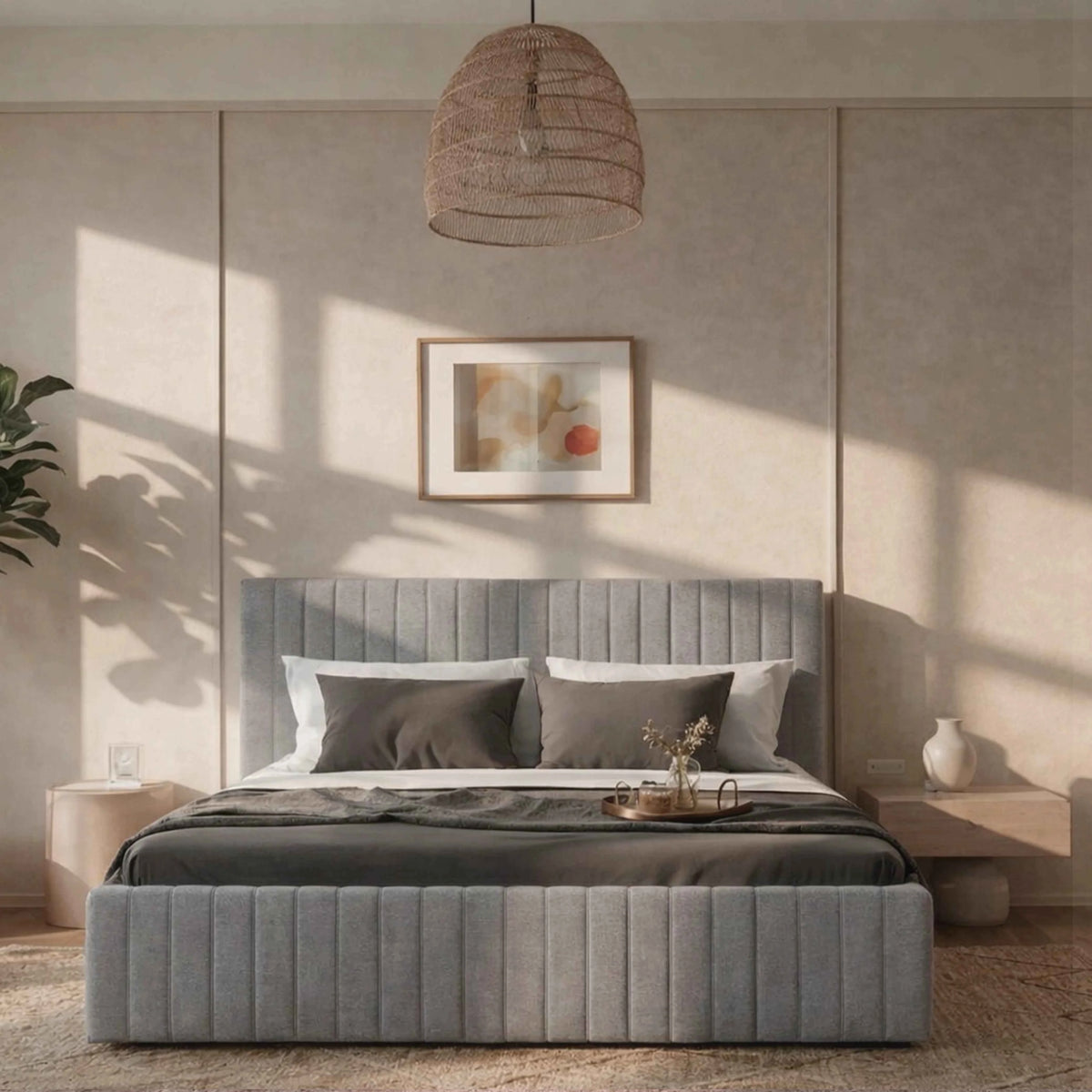 Cama Estofada King com Cabeceira Louise - Linho Cinza