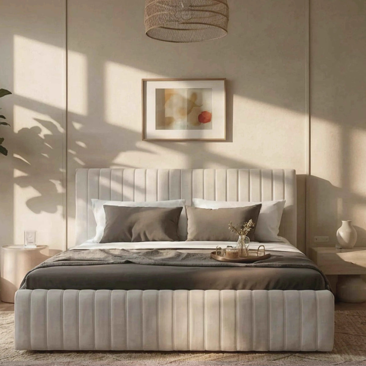 Cama Estofada King com Cabeceira Louise - Linho Off White