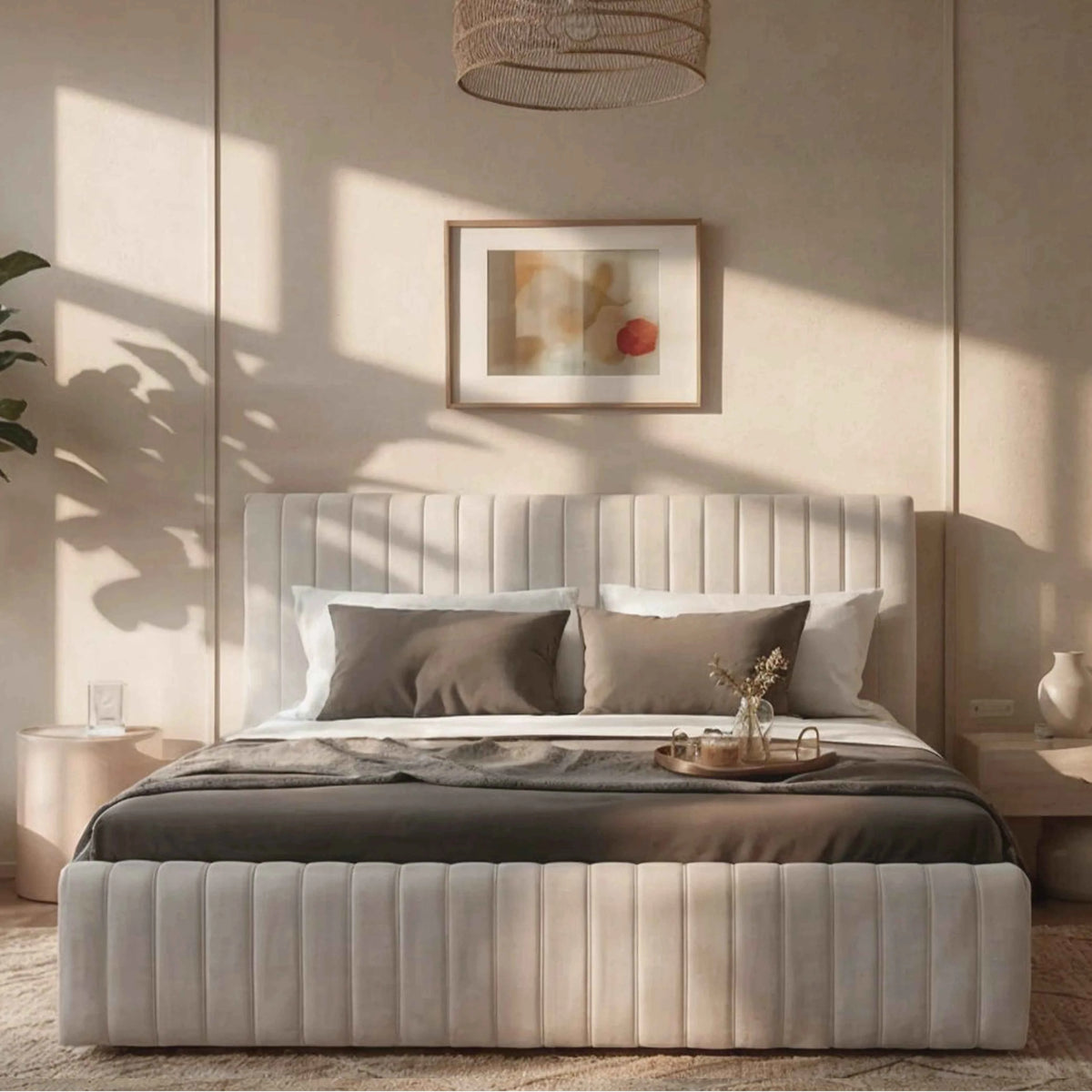 Cama Estofada de Casal com Cabeceira Louise - Linho Off White