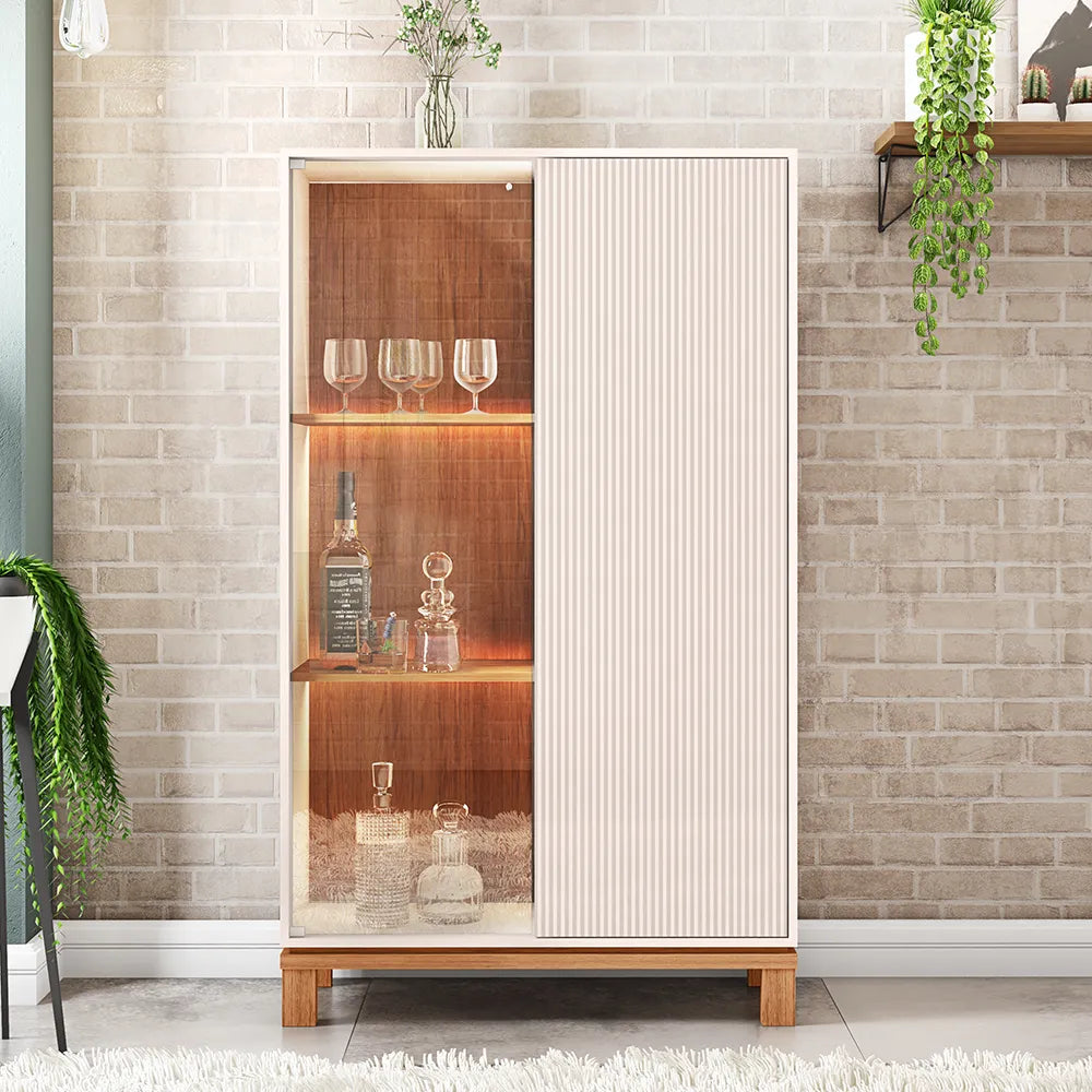 Cristaleira 2 Portas com Vidro e LED Capri 90 cm - Off White c/ Natural