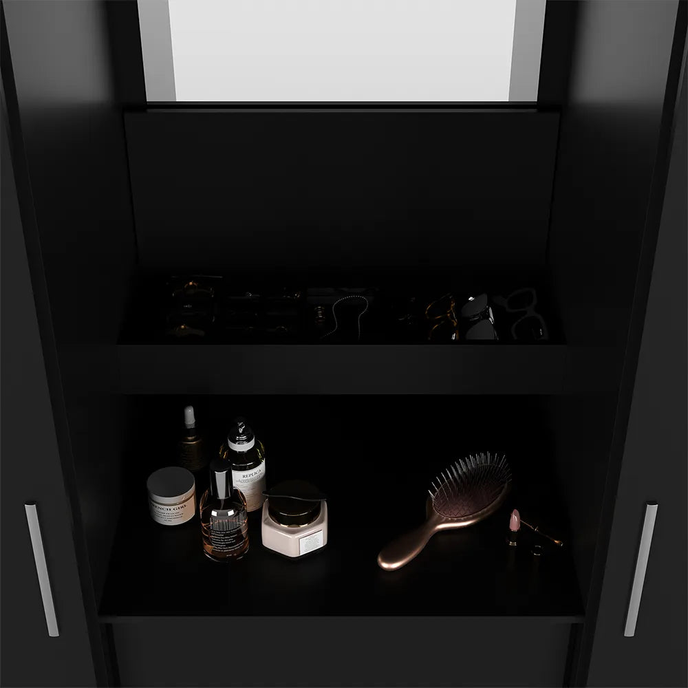 Guarda-Roupa Casal com Espelho 2 Portas de Correr 4 Gavetas Finley 184 cm - Preto