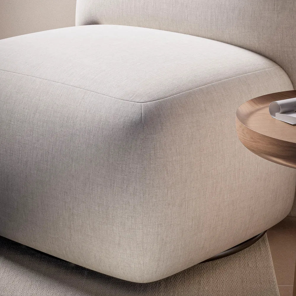 Conjunto Poltrona Giratória e Puff Estofados Aurora - Linho Texturizado Off White