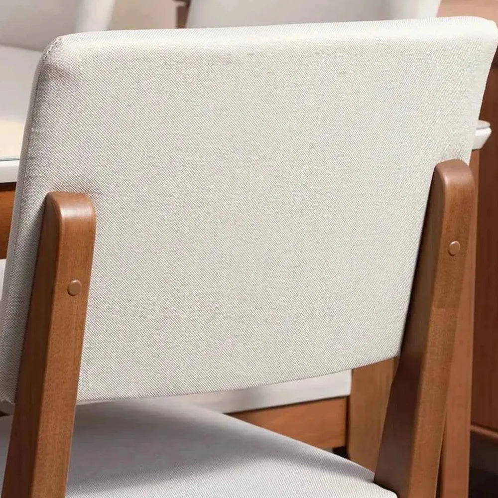 Conjunto com 8 Cadeiras de Madeira Maciça Estofada Ella - Natural c/ Linho Off White