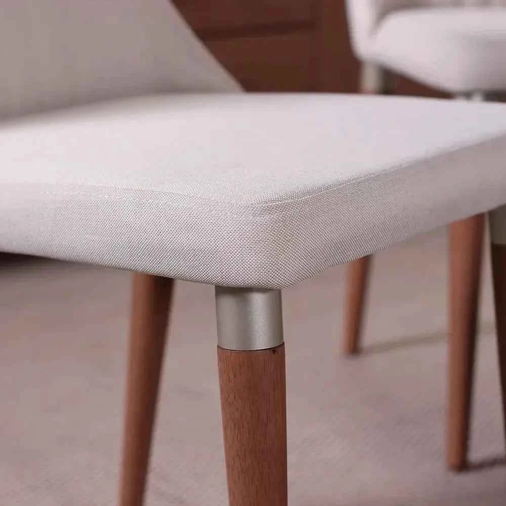 Conjunto de 6 Cadeiras de Madeira Maciça Estofada Lara - Natural c/ Linho Off White - Champanhe