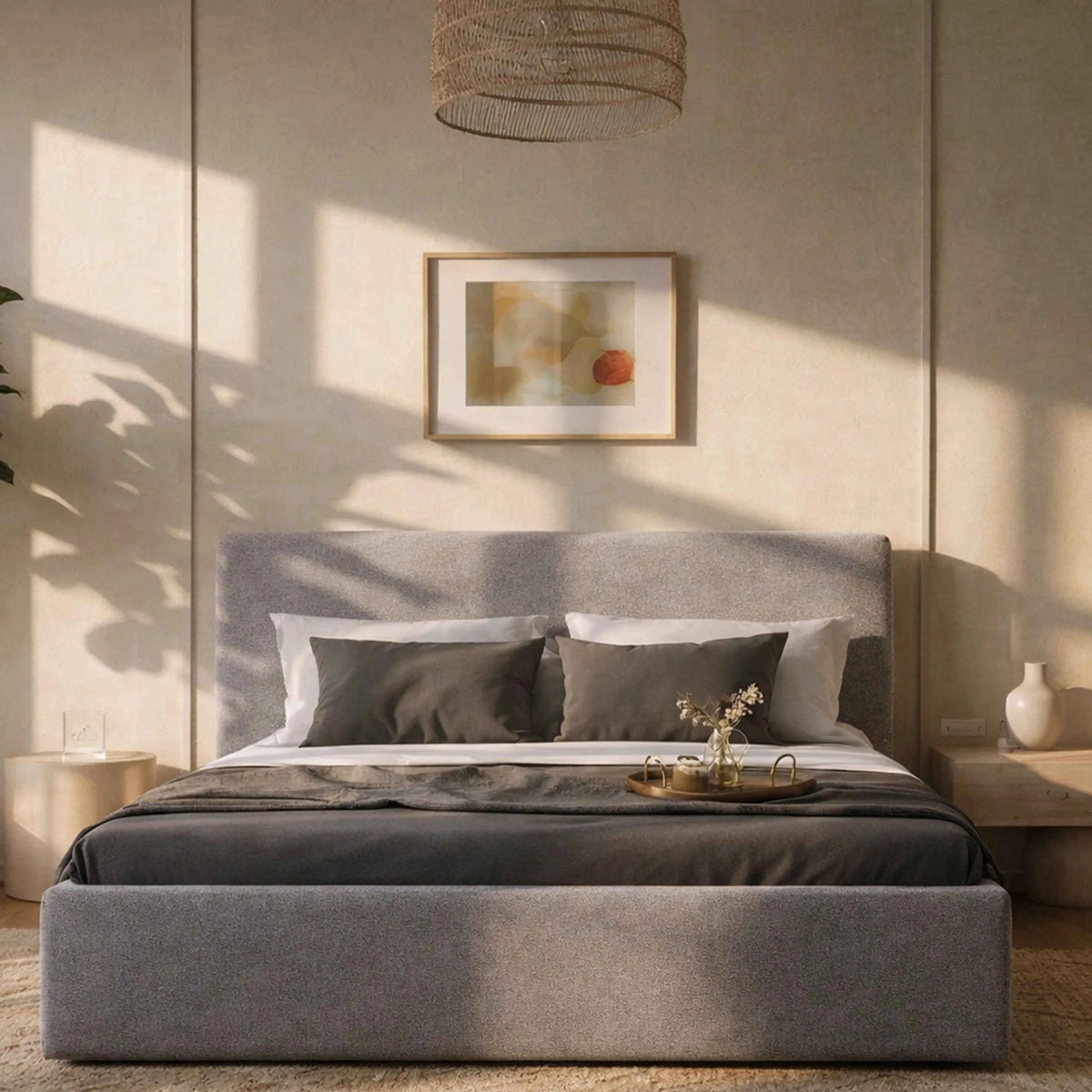 Cama Estofada Queen com Cabeceira Alicia - Linho Cinza