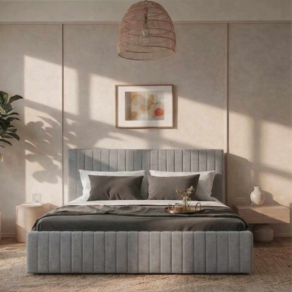 Cama Estofada Queen com Cabeceira Louise - Linho Cinza