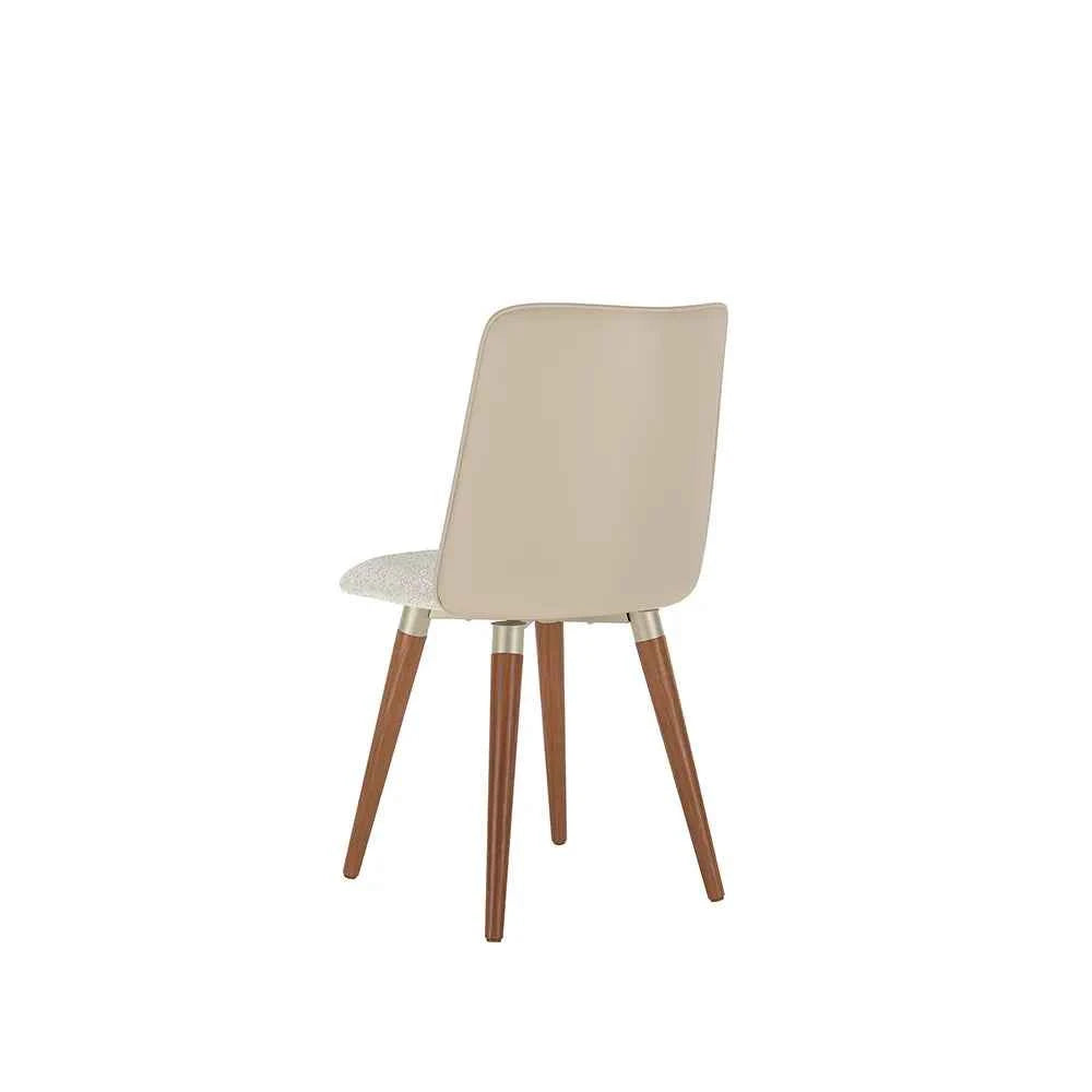 Conjunto de 4 Cadeiras de Madeira Maciça Estofada Dakota - Natural c/ Bouclé Cru e PU Off White - Champanhe
