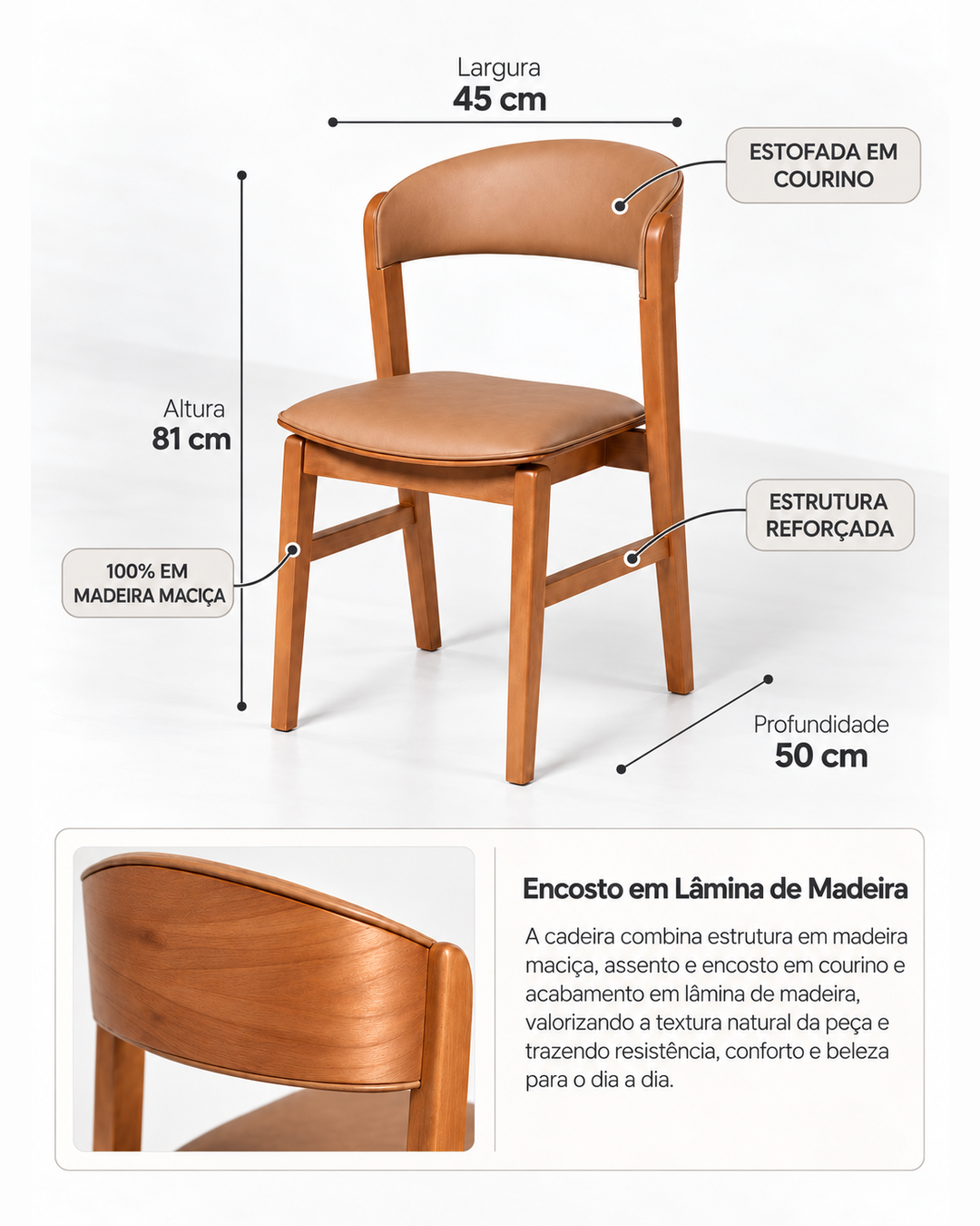 Cadeira de Madeira Maciça Estofada Arbor - Natural c/ PU Caramelo