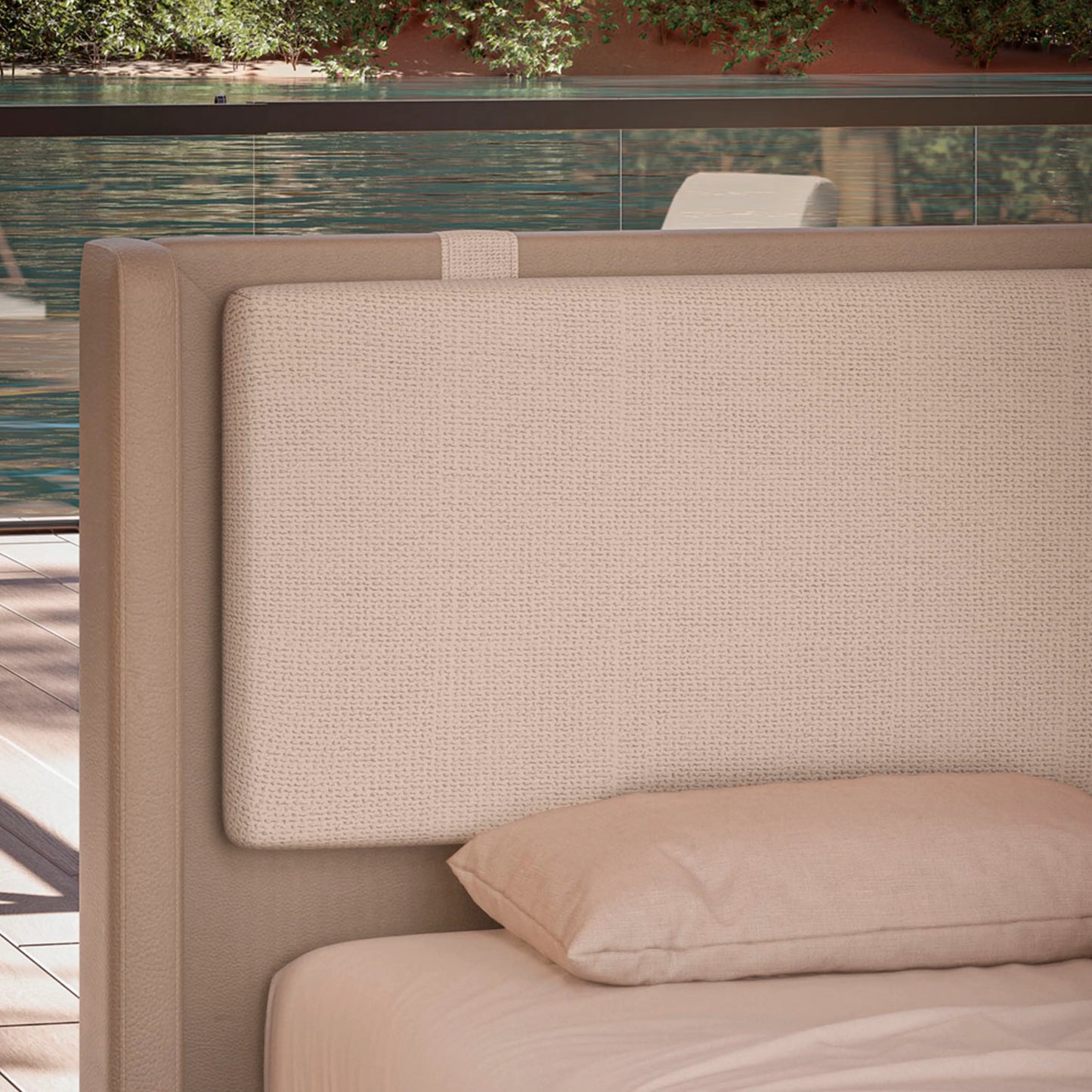 Cama Estofada de Casal Flutuante com Cabeceira Selene - Linho Texturizado Off White c/ PU Fendi