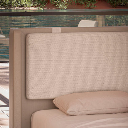 Cama Estofada de Casal Flutuante com Cabeceira Selene - Linho Texturizado Off White c/ PU Fendi