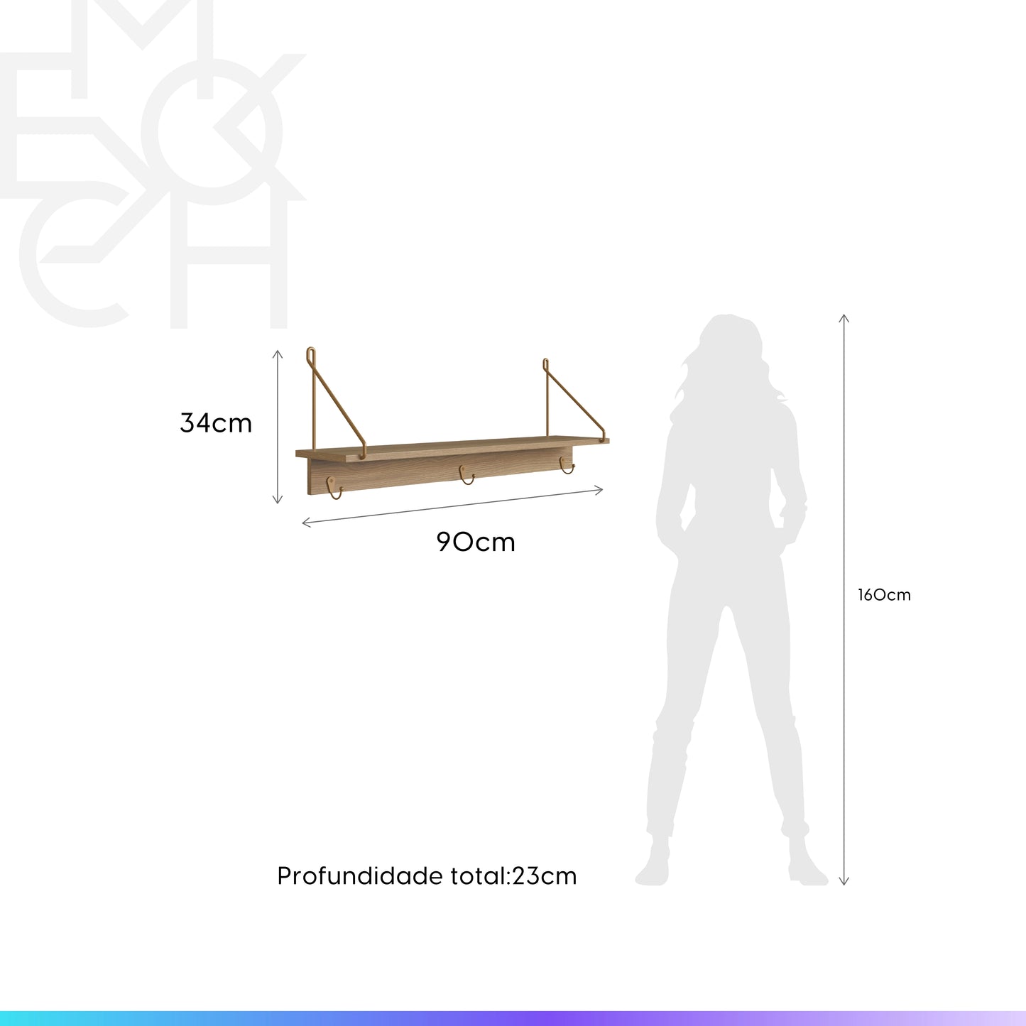 Conjunto Banco 1 Lugar com Prateleira 3 Ganchos Dunna - Mel c/ Dourado