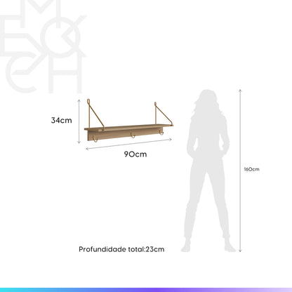 Conjunto Banco 1 Lugar com Prateleira 3 Ganchos Dunna - Mel c/ Dourado