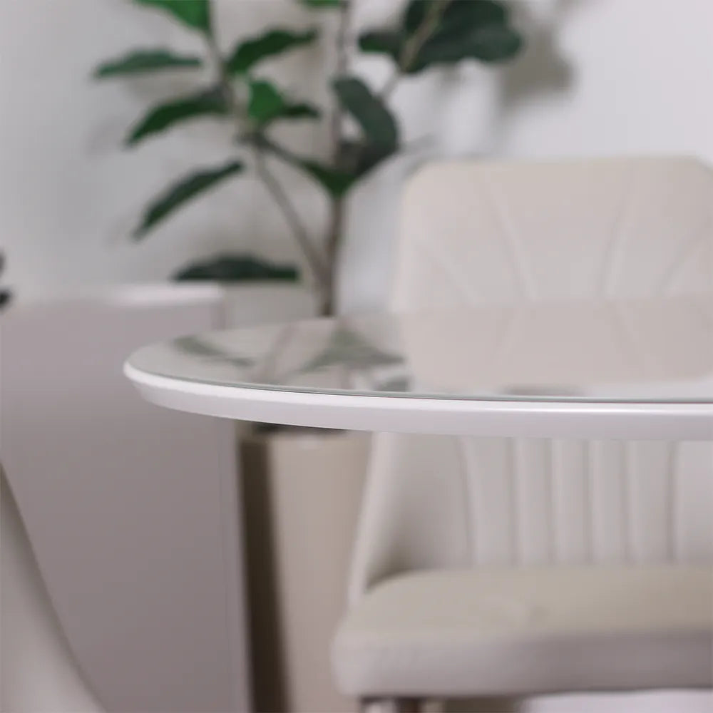 Conjunto de Jantar Mesa Redonda com Vidro Cloe 4 Cadeiras Lara - Champanhe c/ PU Off White