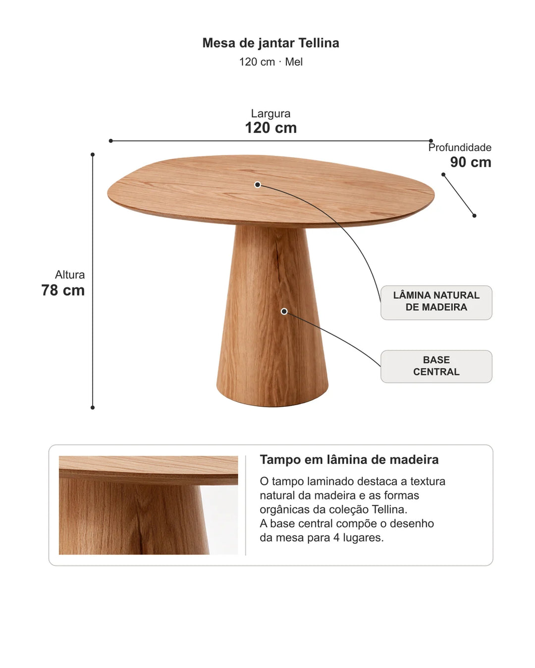 Conjunto de Jantar Mesa Orgânica Tellina 120cm com 4 Cadeiras Liora – Mel c/ Off White