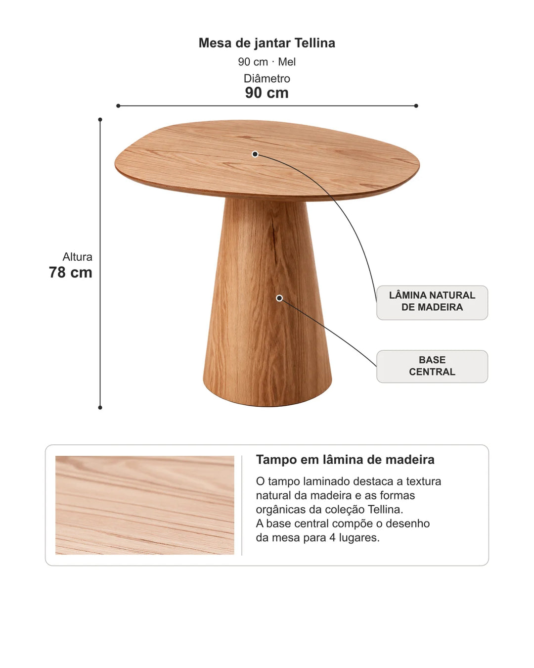 Conjunto de Jantar Mesa Orgânica Tellina 90cm com 4 Cadeiras Elora – Mel c/ Marrom