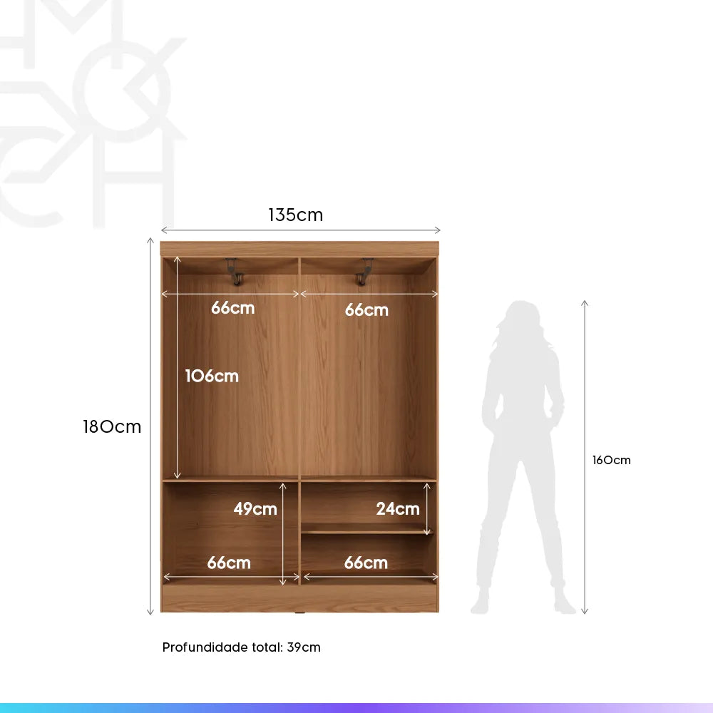 Guarda-Roupa Solteiro 2 Portas de Correr Harry 135 cm - Carvalho