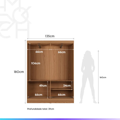 Guarda-Roupa Solteiro 2 Portas de Correr Harry 135 cm - Carvalho