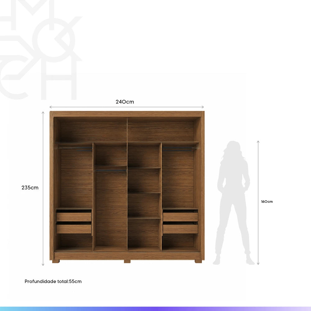 Guarda-Roupa Casal com Espelho 2 Portas de Correr 6 Gavetas Soho 240 cm - Canella c/ Off White