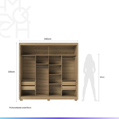 Guarda-Roupa Casal com Espelho 2 Portas de Correr 6 Gavetas Soho 240 cm - Carvalho c/ Off White