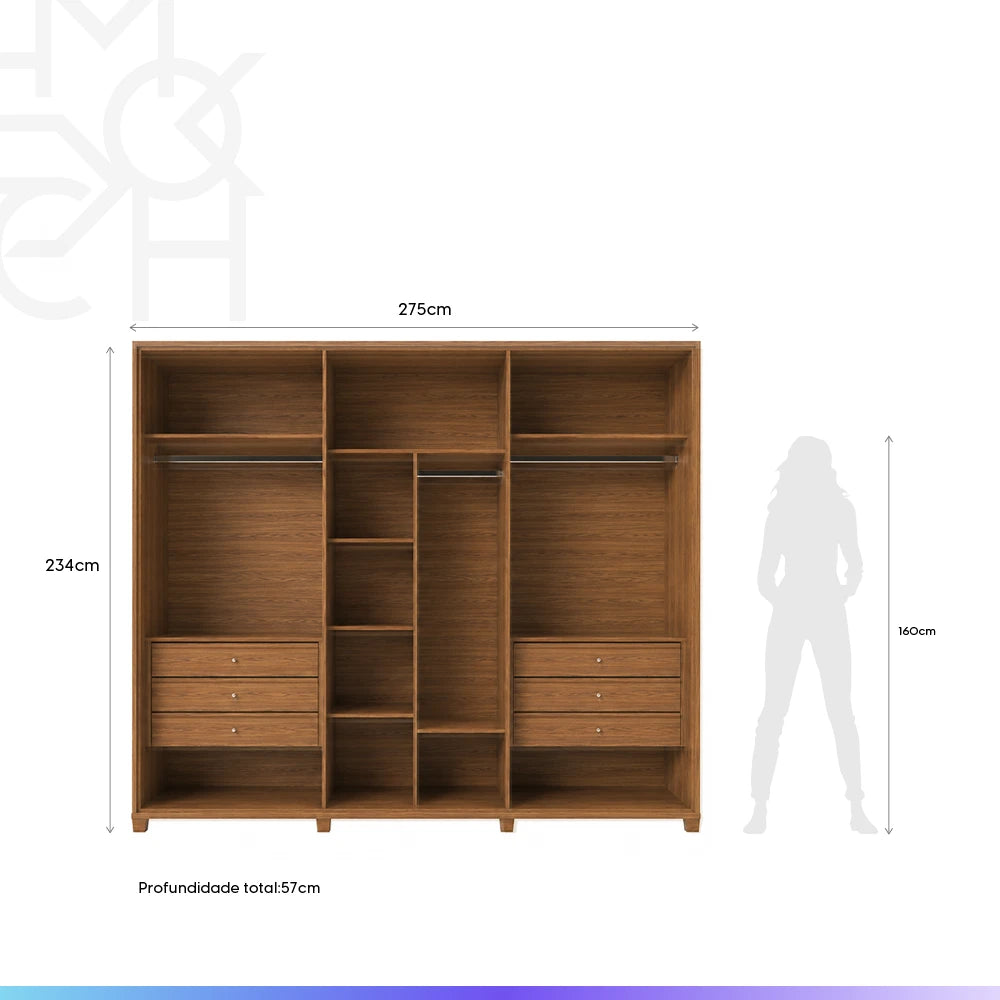 Guarda-Roupa Casal com Espelho 6 Portas 6 Gavetas 100% MDF Dayton 275 cm - Canella c/ Off White