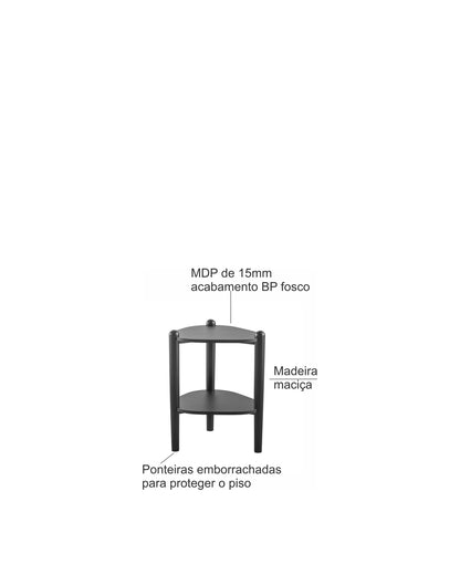 Mesa Lateral com Prateleira Orgânica com Pés em Madeira Maciça Mori 45 cm - Preto Fosco