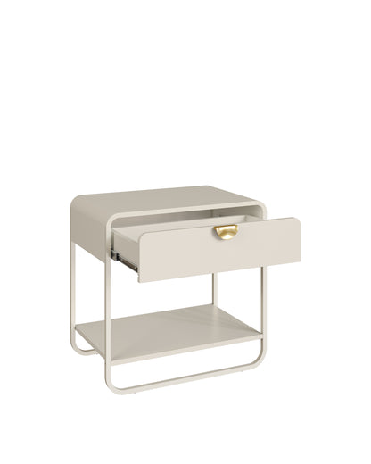 Mesa de Cabeceira 1 Gaveta 1 Prateleira Pés em Aço Dunna 60 cm - Off White c/ Dourado
