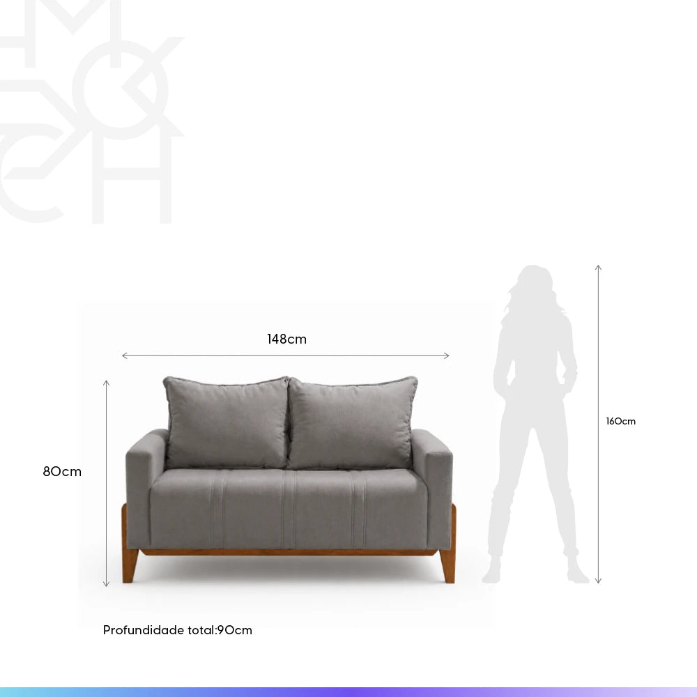 Sofá 2 Lugares Elio 148 cm - Linho Cinza c/ Mel