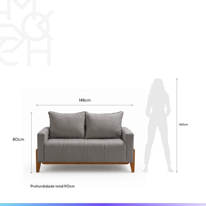 Sofá 2 Lugares Elio 148 cm - Linho Cinza c/ Mel