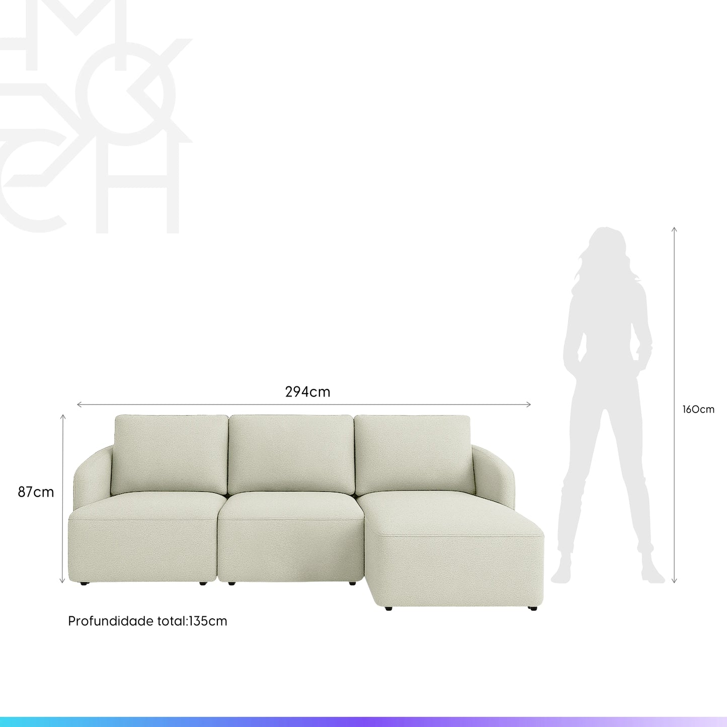 Sofá Modular com Chaise Lado Direito 5 Lugares Mood 294 cm - Linho Bege