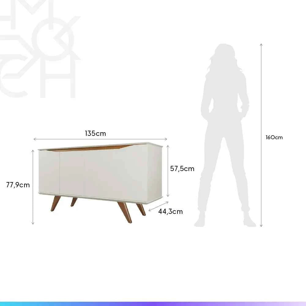 Buffet 4 Portas Pés Madeira Maciça Olive 135 cm - Off White Fosco c/ Natural