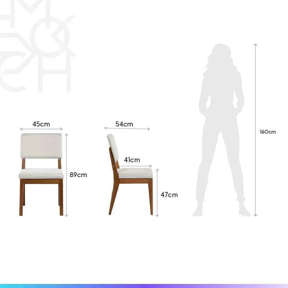 Conjunto de 6 Cadeiras de Madeira Maciça Estofada Ella - Natural c/ Linho Off White