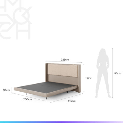 Cama Estofada King Flutuante com Cabeceira Selene - Linho Texturizado Off White c/ PU Fendi