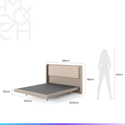 Cama Estofada de Casal Flutuante com Cabeceira Selene - Linho Texturizado Off White c/ PU Fendi