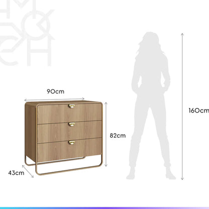 Conjunto 2 Mesas de Cabeceira com 1 Gaveta e Cômoda Dunna - Mel c/ Dourado