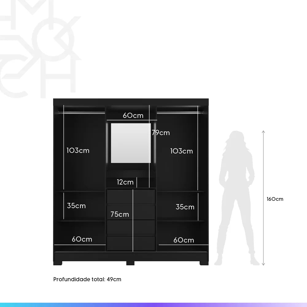 Guarda-Roupa Casal com Espelho 2 Portas de Correr 4 Gavetas Finley 184 cm - Preto