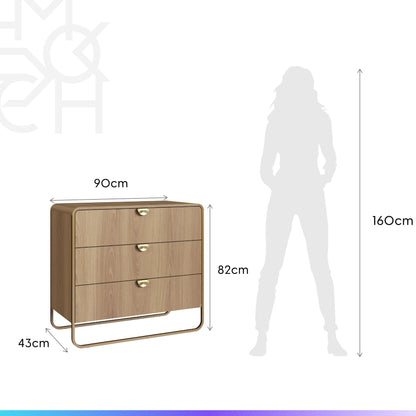 Cômoda com 3 Gavetas Dunna 90 cm - Mel c/ Dourado