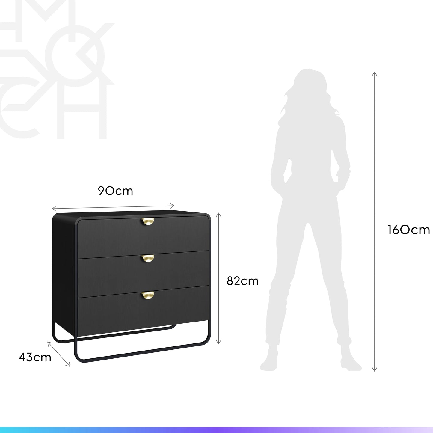 Cômoda com 3 Gavetas Dunna 90 cm - Preto c/ Dourado