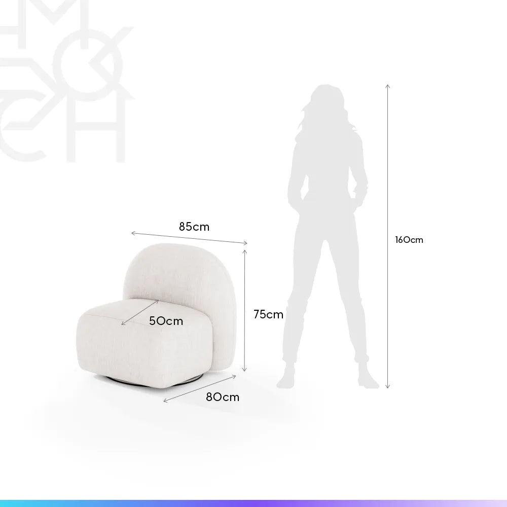 Conjunto Poltrona Giratória e Puff Estofados Aurora - Linho Texturizado Off White