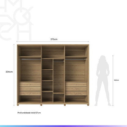 Guarda-Roupa Casal com Espelho 6 Portas 6 Gavetas 100% MDF Dayton 275 cm - Carvalho c/ Off White