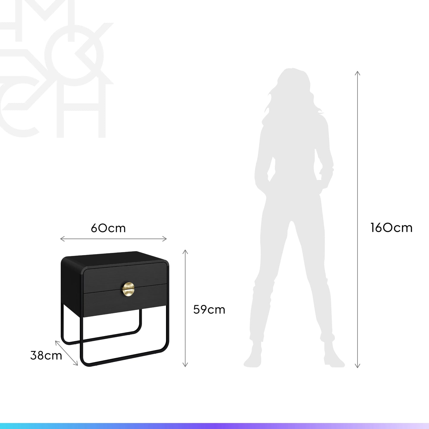 Mesa de Cabeceira com 2 Gavetas Dunna 60 cm - Preto c/ Dourado