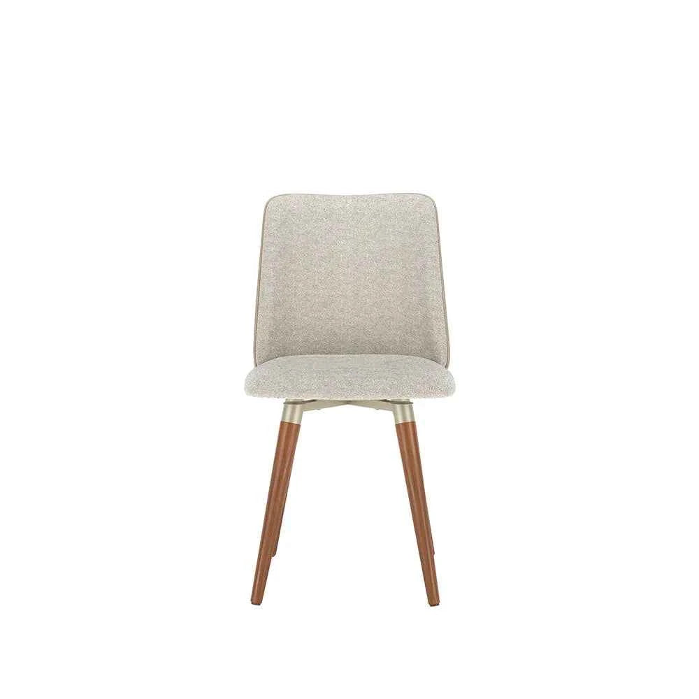 Conjunto de 8 Cadeiras de Madeira Maciça Estofada Dakota - Natural c/ Bouclé Cru e PU Off White - Champanhe