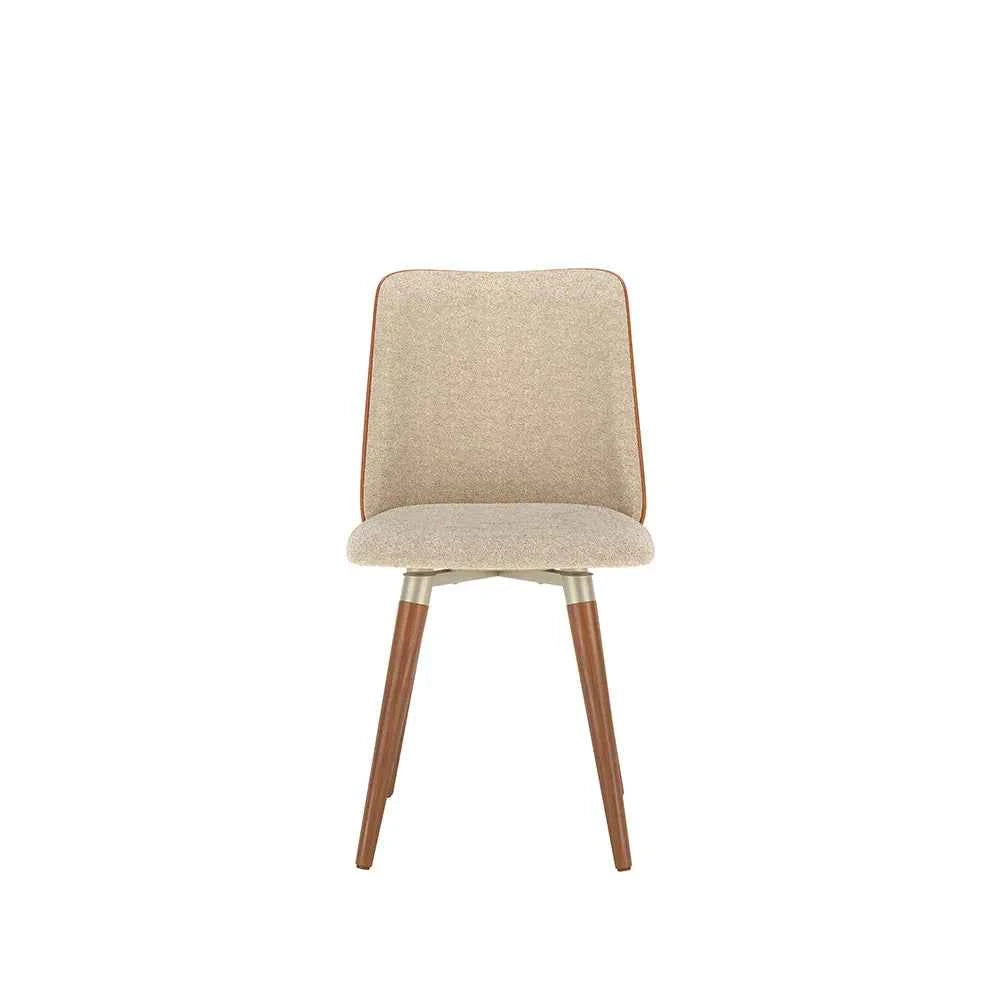 Conjunto de 8 Cadeiras de Madeira Maciça Estofada Dakota - Natural c/ Bouclé Fendi e PU Caramelo - Champanhe