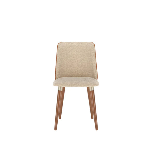 Conjunto de 2 Cadeiras de Madeira Maciça Estofada Dakota - Natural c/ Bouclé Fendi e PU Caramelo - Champanhe