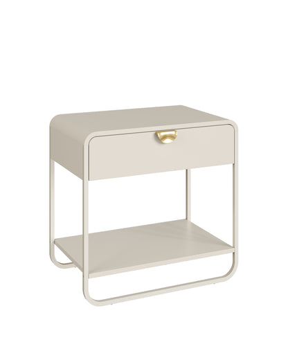 Mesa de Cabeceira 1 Gaveta 1 Prateleira Pés em Aço Dunna 60 cm - Off White c/ Dourado
