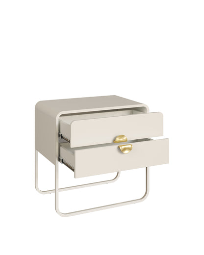 Mesa de Cabeceira 2 Gavetas Pés em Aço Dunna 60 cm - Off White c/ Dourado
