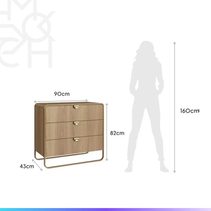 Conjunto 2 Mesas de Cabeceira com 2 Gavetas 1 Nicho e Cômoda Dunna - Mel c/ Dourado
