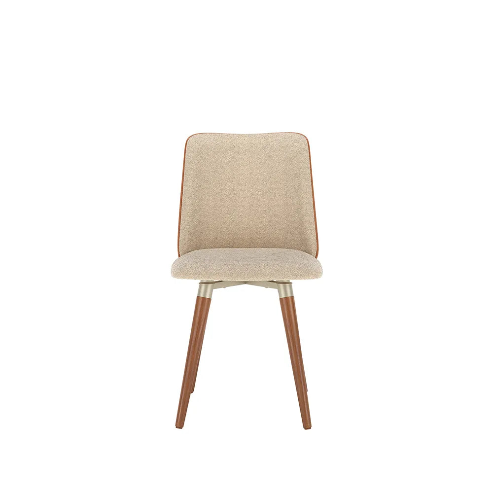 Conjunto de 2 Cadeiras Giratória de Madeira Maciça Estofada Dakota - Natural c/ Bouclé Fendi e PU Caramelo - Champanhe