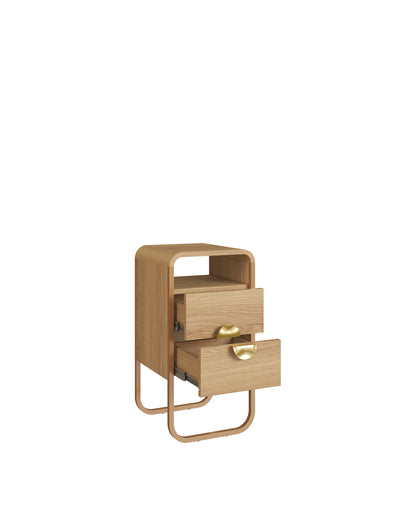 Mesa de Cabeceira 2 Gavetas Pés em Aço Dunna 30 cm - Mel c/ Dourado