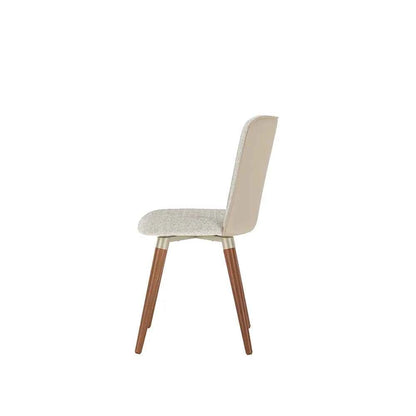 Conjunto de 8 Cadeiras de Madeira Maciça Estofada Dakota - Natural c/ Bouclé Cru e PU Off White - Champanhe