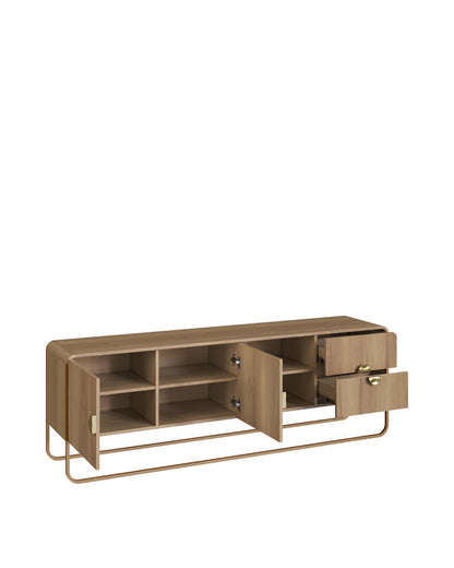 Rack Orgânico 2 Portas 2 Gavetas com Pés em Aço Dunna 180 cm - Mel c/ Dourado